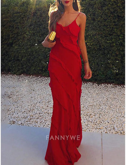 FannyWe Simple Women's Black Dress Prom Dress Party Dress Ruffle Split Spaghetti Strap Sleeveless Wedding Guest Vacation Black Red Summer Spring