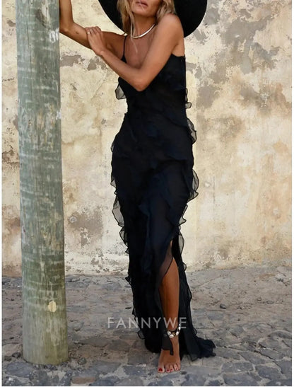 FannyWe Simple Women's Black Dress Prom Dress Party Dress Ruffle Split Spaghetti Strap Sleeveless Wedding Guest Vacation Black Red Summer Spring