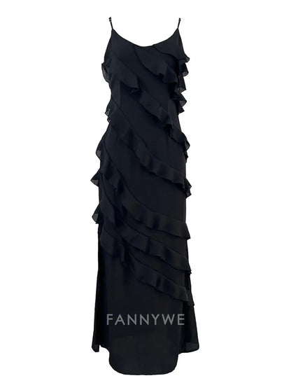 FannyWe Simple Women's Black Dress Prom Dress Party Dress Ruffle Split Spaghetti Strap Sleeveless Wedding Guest Vacation Black Red Summer Spring