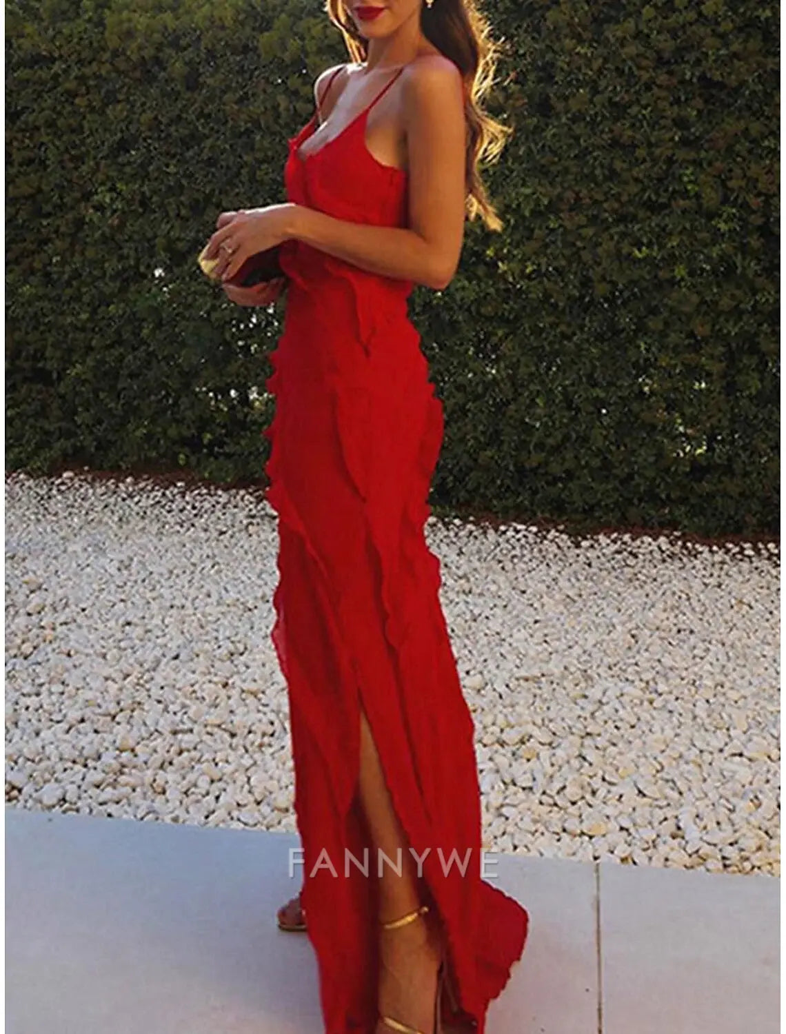 FannyWe Simple Women's Black Dress Prom Dress Party Dress Ruffle Split Spaghetti Strap Sleeveless Wedding Guest Vacation Black Red Summer Spring