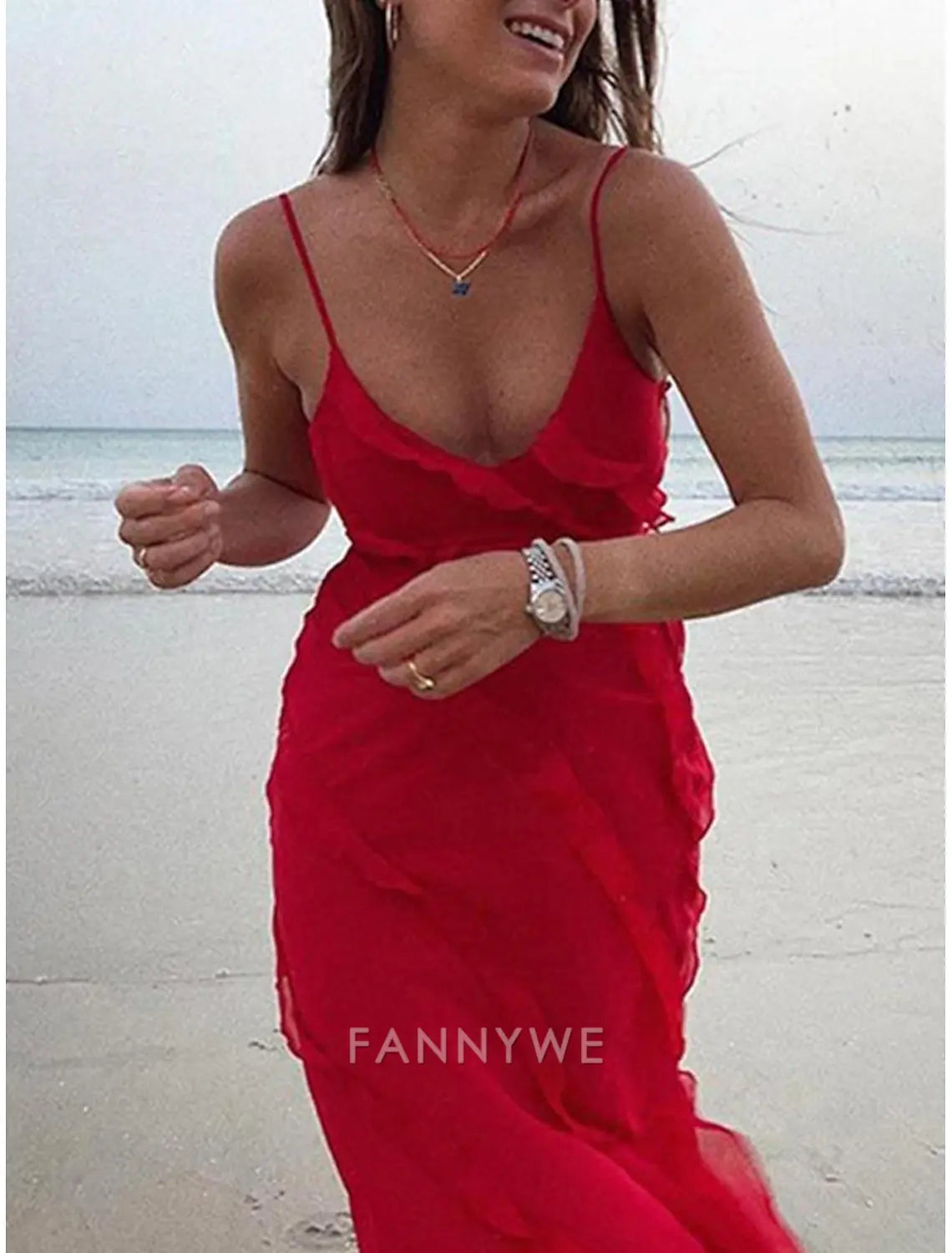 FannyWe Simple Women's Black Dress Prom Dress Party Dress Ruffle Split Spaghetti Strap Sleeveless Wedding Guest Vacation Black Red Summer Spring