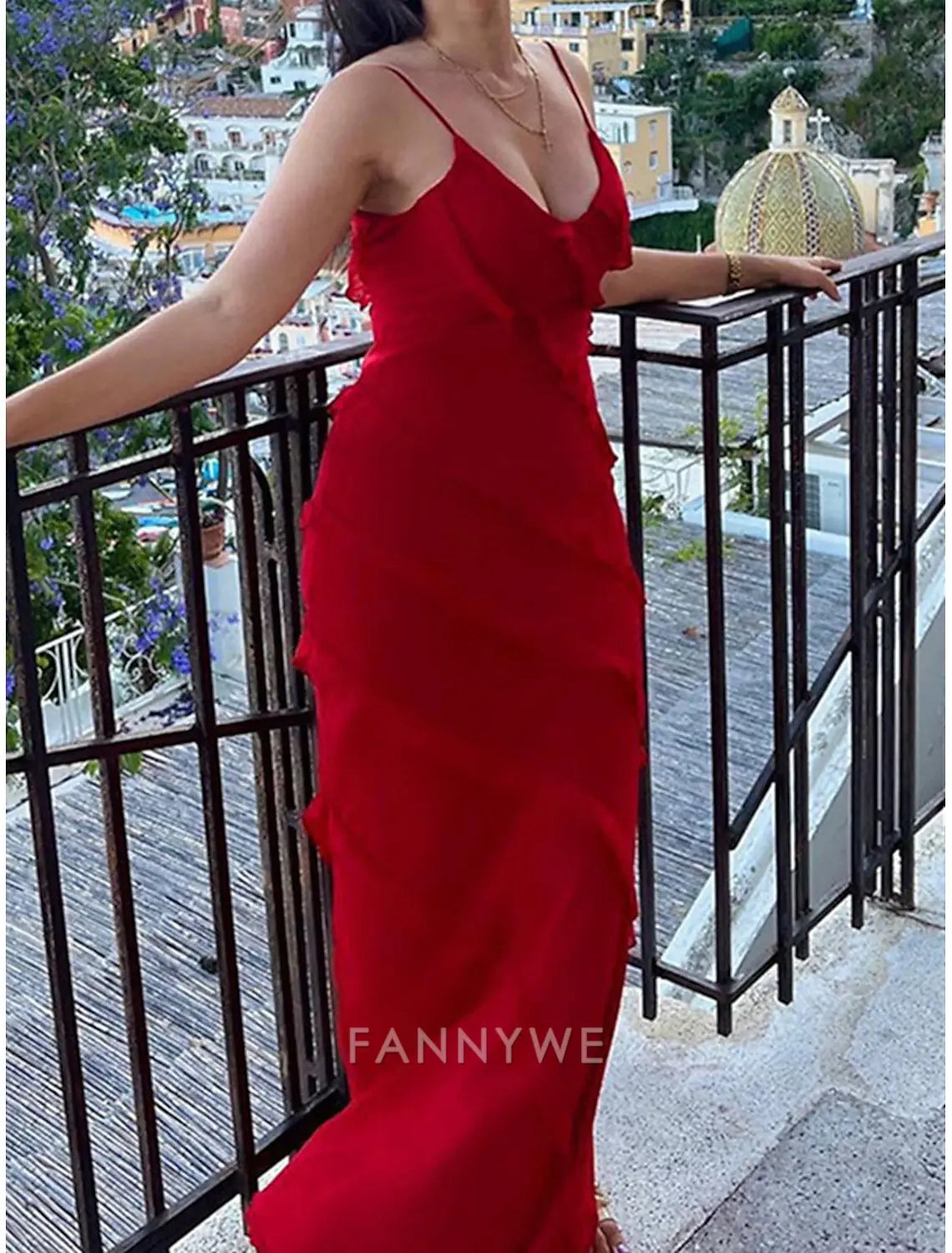 FannyWe Simple Women's Black Dress Prom Dress Party Dress Ruffle Split Spaghetti Strap Sleeveless Wedding Guest Vacation Black Red Summer Spring