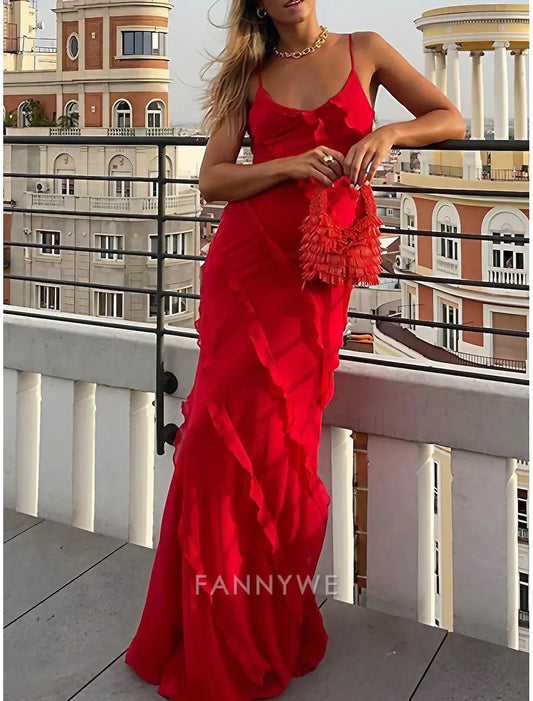 FannyWe Vestido negro sencillo para mujer, vestido de fiesta, vestido de fiesta con volantes, tirantes finos divididos, sin mangas, para invitadas de boda, vacaciones, negro, rojo, verano, primavera 