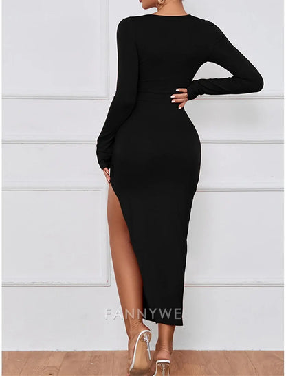 FannyWe Vestido negro sencillo para mujer, vestido de fiesta, vestido de fiesta, vestido de fiesta con abertura, escote en V, manga larga, vestido midi, vestido de invierno, vestido de boda para invitada, formal, negro, rojo, verano, primavera 
