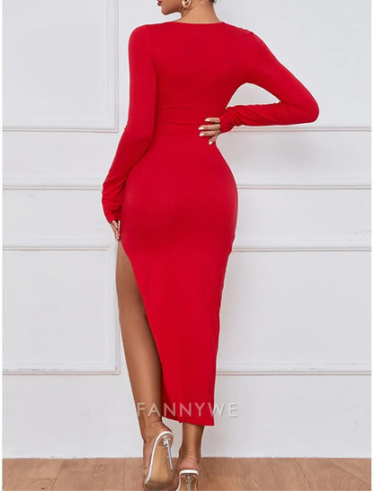 FannyWe Vestido Rojo Sencillo para Mujer Vestido de Fiesta Vestido de Fiesta Vestido de Fiesta con Escote en V y Manga Larga Vestido Midi de Invierno Vestido de Invitada de Boda Formal Negro Rojo Verano Primavera 