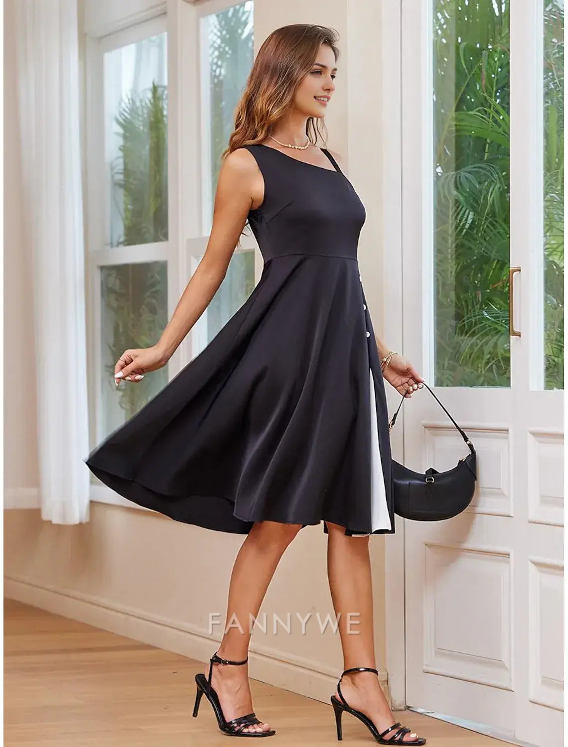 FannyWe Simple Women's Cocktail Dress One-Shoulder Asymmetrical Neckline Button Detail Sleeveless A-Line Midi Black White Party Elegant Stylish Spring Summer Clothing Apparel
