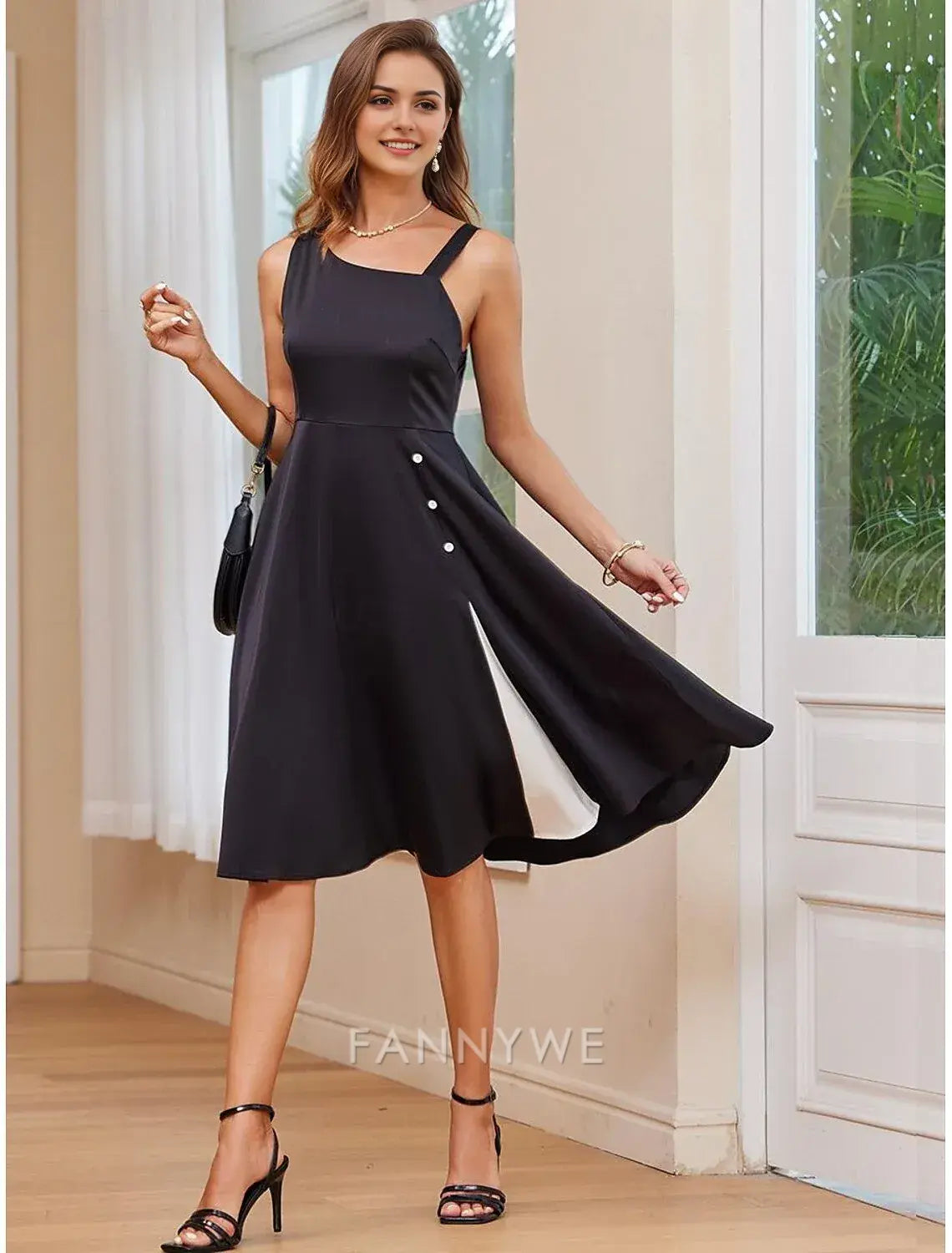 FannyWe Simple Women's Cocktail Dress One-Shoulder Asymmetrical Neckline Button Detail Sleeveless A-Line Midi Black White Party Elegant Stylish Spring Summer Clothing Apparel