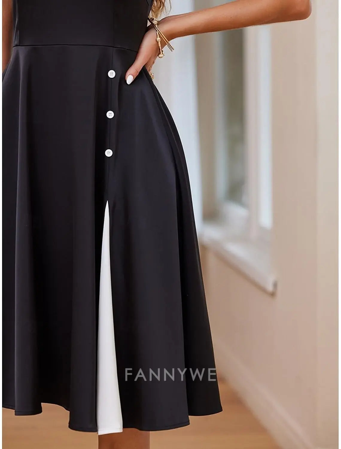 FannyWe Simple Women's Cocktail Dress One-Shoulder Asymmetrical Neckline Button Detail Sleeveless A-Line Midi Black White Party Elegant Stylish Spring Summer Clothing Apparel