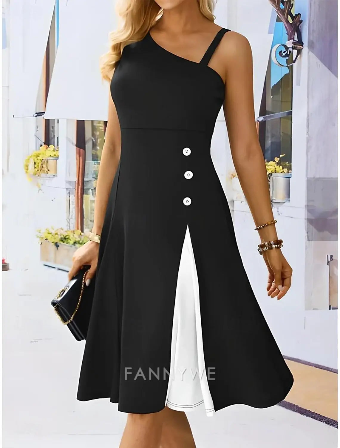 FannyWe Simple Women's Cocktail Dress One-Shoulder Asymmetrical Neckline Button Detail Sleeveless A-Line Midi Black White Party Elegant Stylish Spring Summer Clothing Apparel