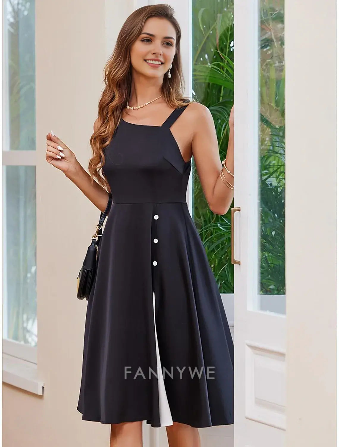 FannyWe Simple Women's Cocktail Dress One-Shoulder Asymmetrical Neckline Button Detail Sleeveless A-Line Midi Black White Party Elegant Stylish Spring Summer Clothing Apparel