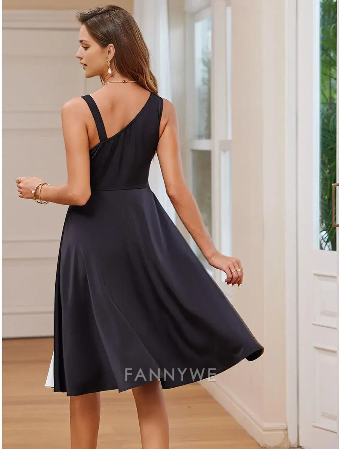 FannyWe Simple Women's Cocktail Dress One-Shoulder Asymmetrical Neckline Button Detail Sleeveless A-Line Midi Black White Party Elegant Stylish Spring Summer Clothing Apparel