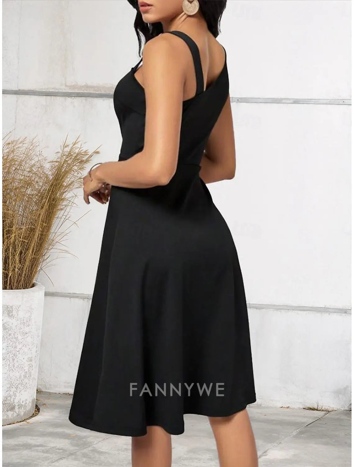 FannyWe Simple Women's Cocktail Dress One-Shoulder Asymmetrical Neckline Button Detail Sleeveless A-Line Midi Black White Party Elegant Stylish Spring Summer Clothing Apparel