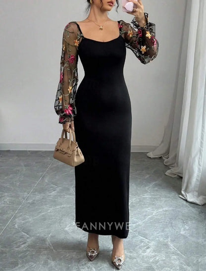 FannyWe Vestido largo sencillo para mujer Vestido maxi Vestido de fiesta Vestido casual Vestido de verano Elegante Moda Fiesta al aire libre Vacaciones Ajuste regular Flor Manga larga Cuello en V Negro Verano Primavera 
