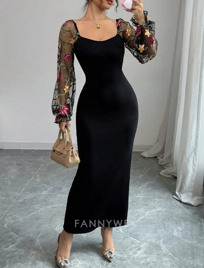FannyWe Vestido largo sencillo para mujer Vestido maxi Vestido de fiesta Vestido casual Vestido de verano Elegante Moda Fiesta al aire libre Vacaciones Ajuste regular Flor Manga larga Cuello en V Negro Verano Primavera 