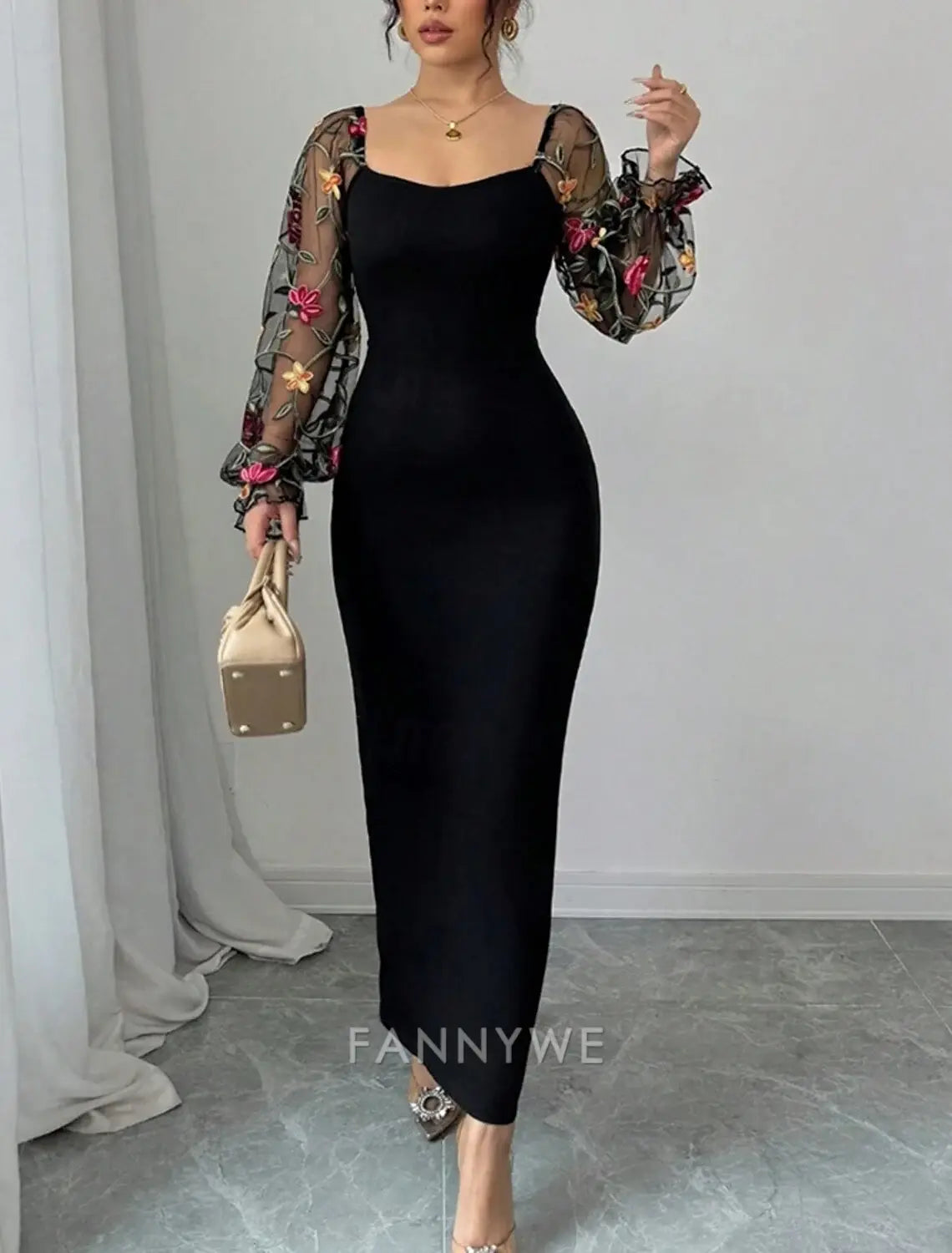 FannyWe Vestido largo sencillo para mujer Vestido maxi Vestido de fiesta Vestido casual Vestido de verano Elegante Moda Fiesta al aire libre Vacaciones Ajuste regular Flor Manga larga Cuello en V Negro Verano Primavera 