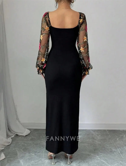 FannyWe Vestido largo sencillo para mujer Vestido maxi Vestido de fiesta Vestido casual Vestido de verano Elegante Moda Fiesta al aire libre Vacaciones Ajuste regular Flor Manga larga Cuello en V Negro Verano Primavera 