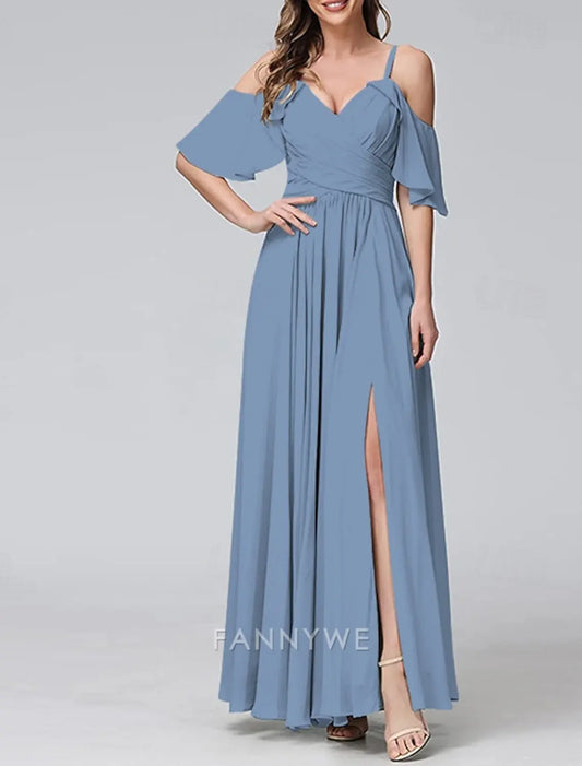 FannyWe Vestido largo sencillo para mujer Vestido maxi Vestido de fiesta Vestido de cóctel Moda Fiesta Ocasión especial Cita Corte regular Liso Manga corta Cuello en V Amarillo Verde claro Azul Verde Verano 
