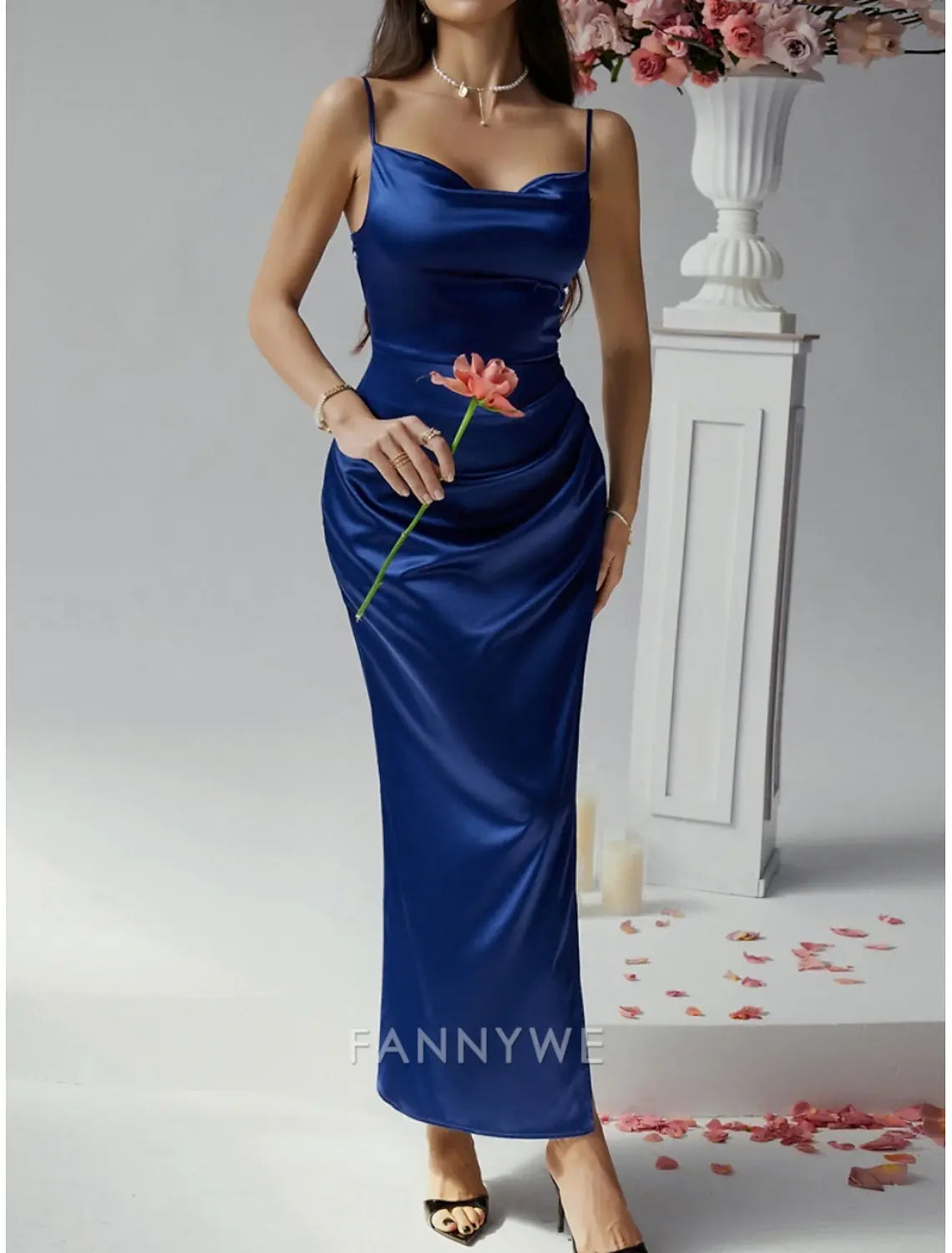 FannyWe Vestido Largo Sencillo para Mujer Vestido Maxi Vestido de Fiesta Vestido de Satén Vestido Elegante Maduro Vestido Elegante Fiesta de Bodas Invitada de Boda Corte Regular Liso Sin Mangas Tirantes Espagueti Negro Champán Rosa Azul Verano 