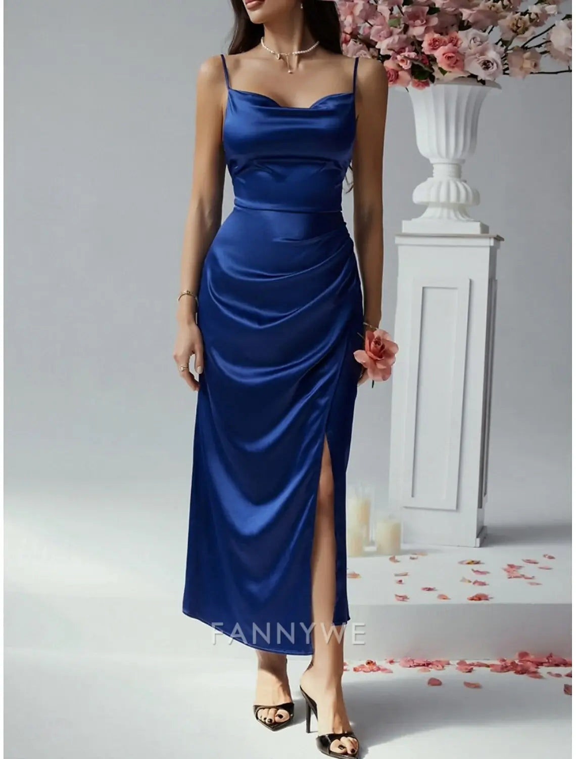 FannyWe Vestido Largo Sencillo para Mujer Vestido Maxi Vestido de Fiesta Vestido de Satén Vestido Elegante Maduro Vestido Elegante Fiesta de Bodas Invitada de Boda Corte Regular Liso Sin Mangas Tirantes Espagueti Negro Champán Rosa Azul Verano 