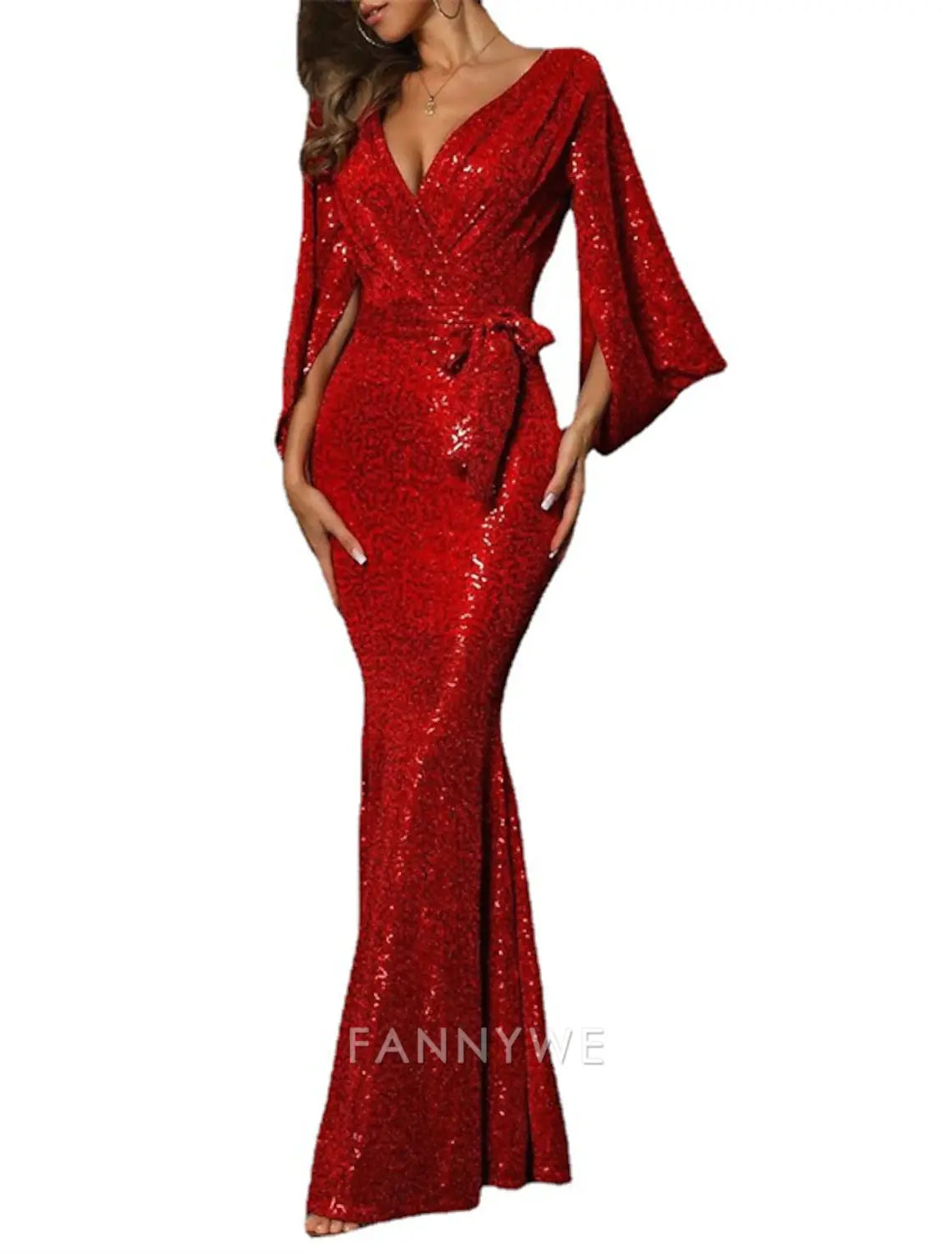 FannyWe Simple Women's Long Dress Maxi Dress Sequin Dress Prom Dress Party Dress Homecoming Dress Fashion Stylish Sexy Formal Winter Dress Wedding Guest Regular Fit Pure Color Long Sleeve V Neck Red Spring Fall