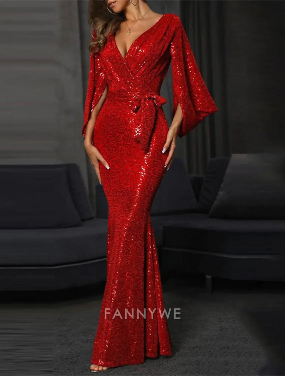 FannyWe Simple Women's Long Dress Maxi Dress Sequin Dress Prom Dress Party Dress Homecoming Dress Fashion Stylish Sexy Formal Winter Dress Wedding Guest Regular Fit Pure Color Long Sleeve V Neck Red Spring Fall