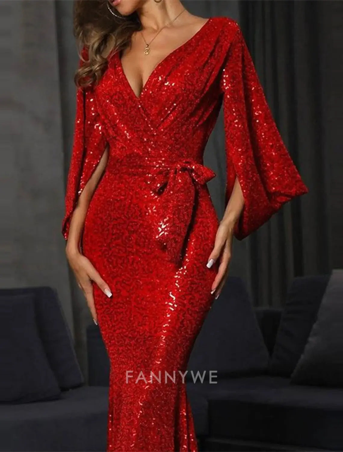 FannyWe Simple Women's Long Dress Maxi Dress Sequin Dress Prom Dress Party Dress Homecoming Dress Fashion Stylish Sexy Formal Winter Dress Wedding Guest Regular Fit Pure Color Long Sleeve V Neck Red Spring Fall