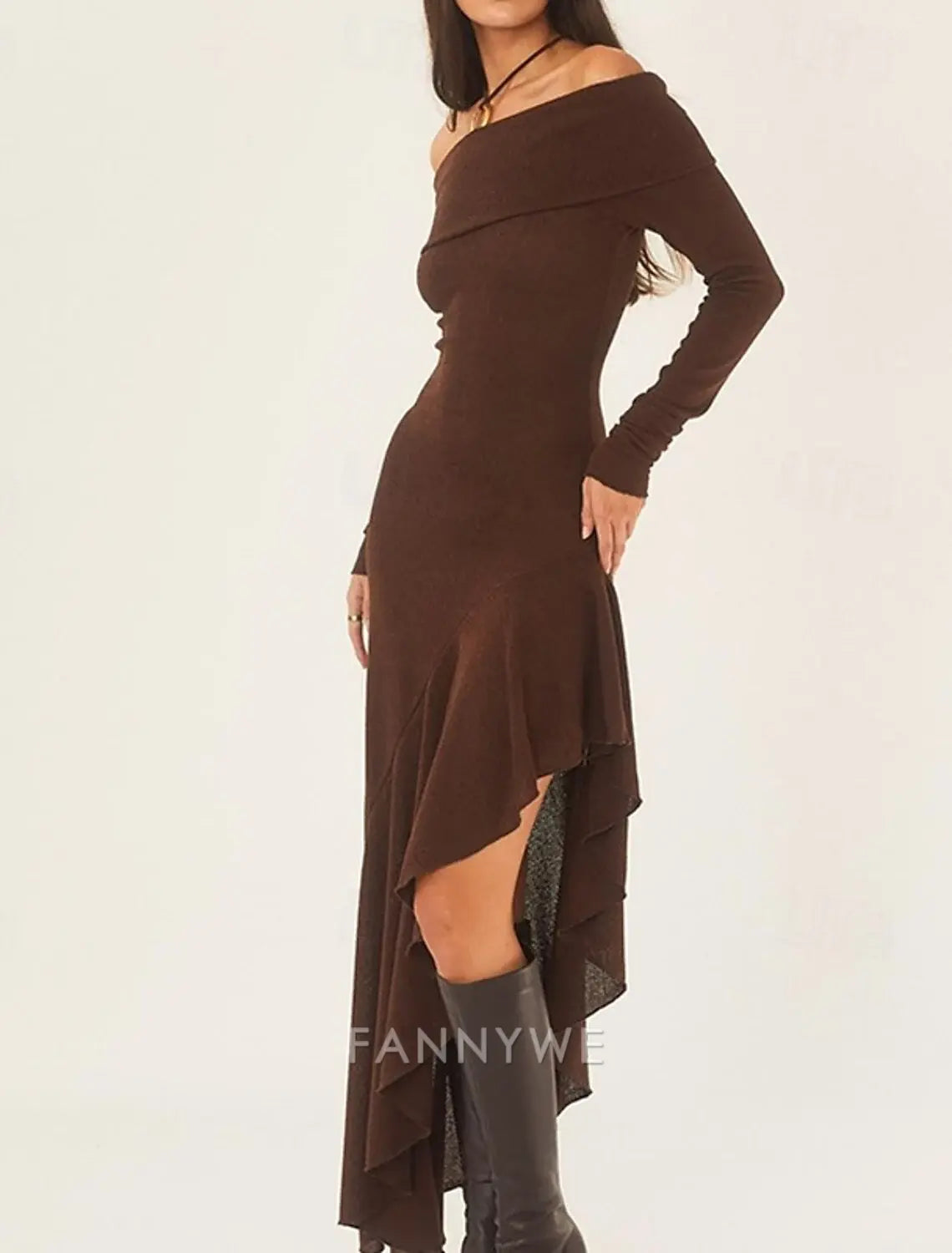 FannyWe Simple Women's Long Dress Maxi Dress Brown Dress Graduation Dress Prom Dress Party Dress Fashion Party Evening Party Regular Fit Plain Long Sleeve Off Shoulder Black White Brown Summer