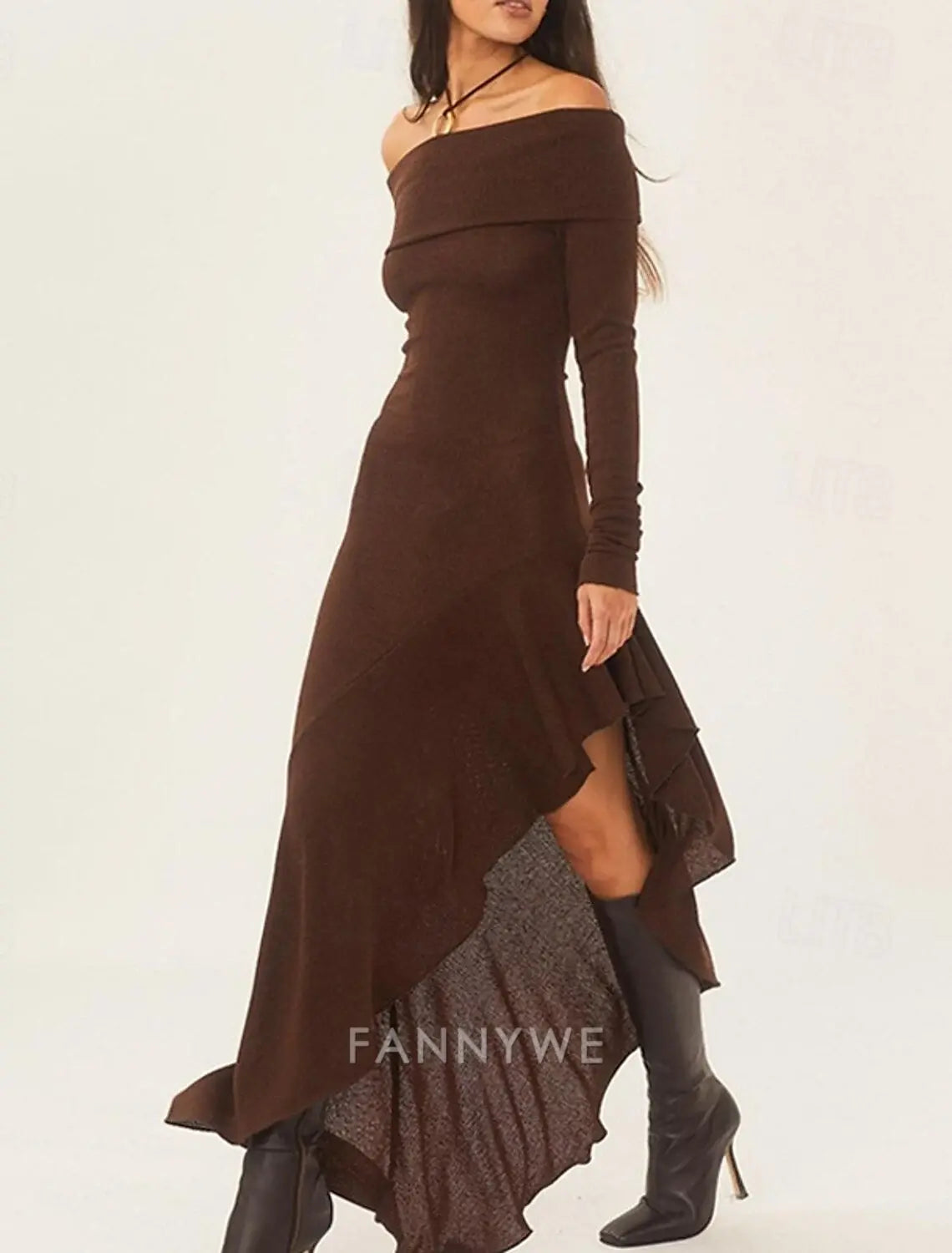 FannyWe Simple Women's Long Dress Maxi Dress Brown Dress Graduation Dress Prom Dress Party Dress Fashion Party Evening Party Regular Fit Plain Long Sleeve Off Shoulder Black White Brown Summer