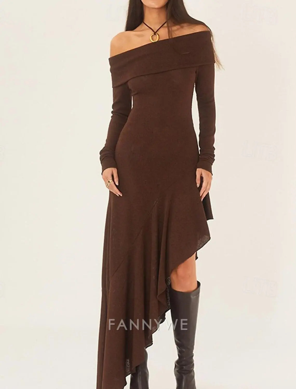 FannyWe Simple Women's Long Dress Maxi Dress Brown Dress Graduation Dress Prom Dress Party Dress Fashion Party Evening Party Regular Fit Plain Long Sleeve Off Shoulder Black White Brown Summer