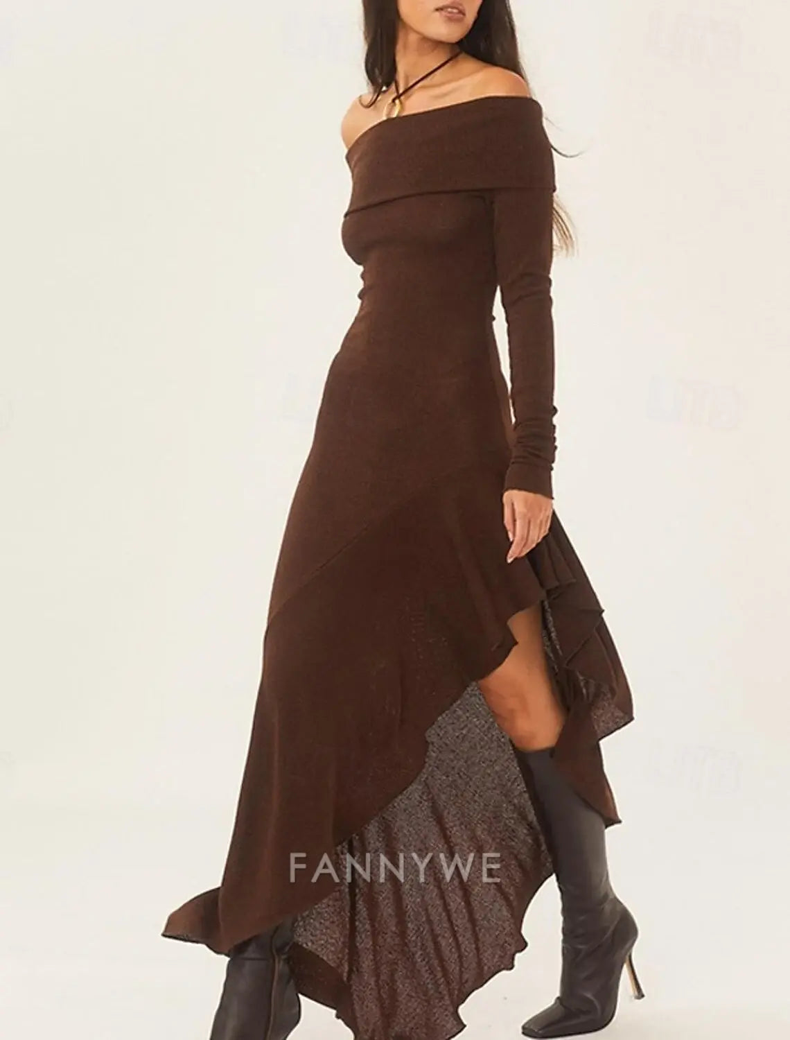 FannyWe Vestido largo sencillo para mujer Vestido maxi Vestido marrón Vestido de graduación Vestido de fiesta Vestido de moda Fiesta de noche Fiesta Regular Fit Liso Manga larga Hombros descubiertos Negro Blanco Marrón Verano