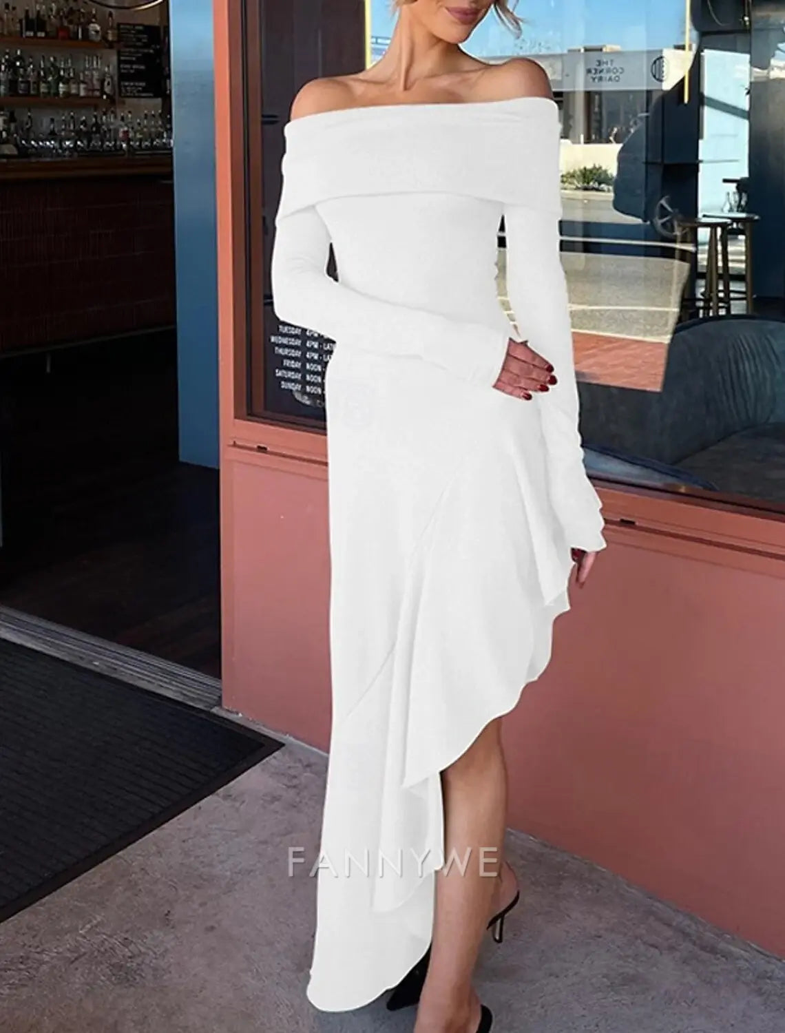 FannyWe Simple Women's Long Dress Maxi Dress White Dress Graduation Dress Prom Dress Party Dress Fashion Party Evening Party Regular Fit Plain Long Sleeve Off Shoulder Black White Brown Summer