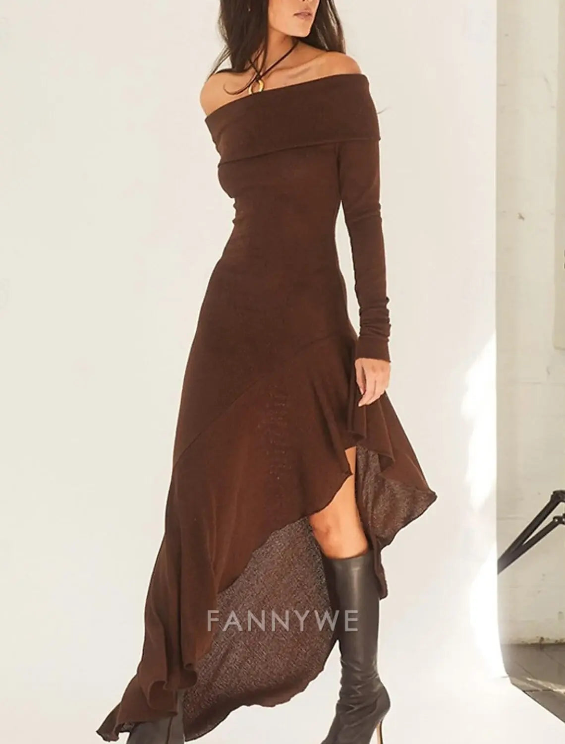 FannyWe Simple Women's Long Dress Maxi Dress Brown Dress Graduation Dress Prom Dress Party Dress Fashion Party Evening Party Regular Fit Plain Long Sleeve Off Shoulder Black White Brown Summer