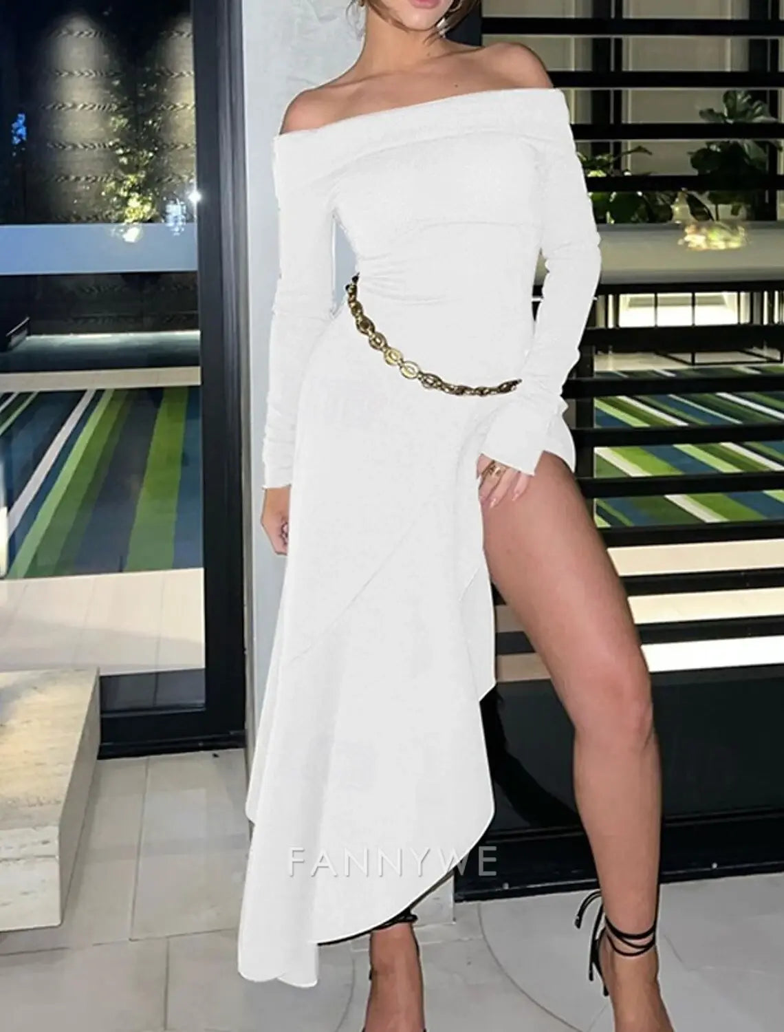 FannyWe Simple Women's Long Dress Maxi Dress White Dress Graduation Dress Prom Dress Party Dress Fashion Party Evening Party Regular Fit Plain Long Sleeve Off Shoulder Black White Brown Summer