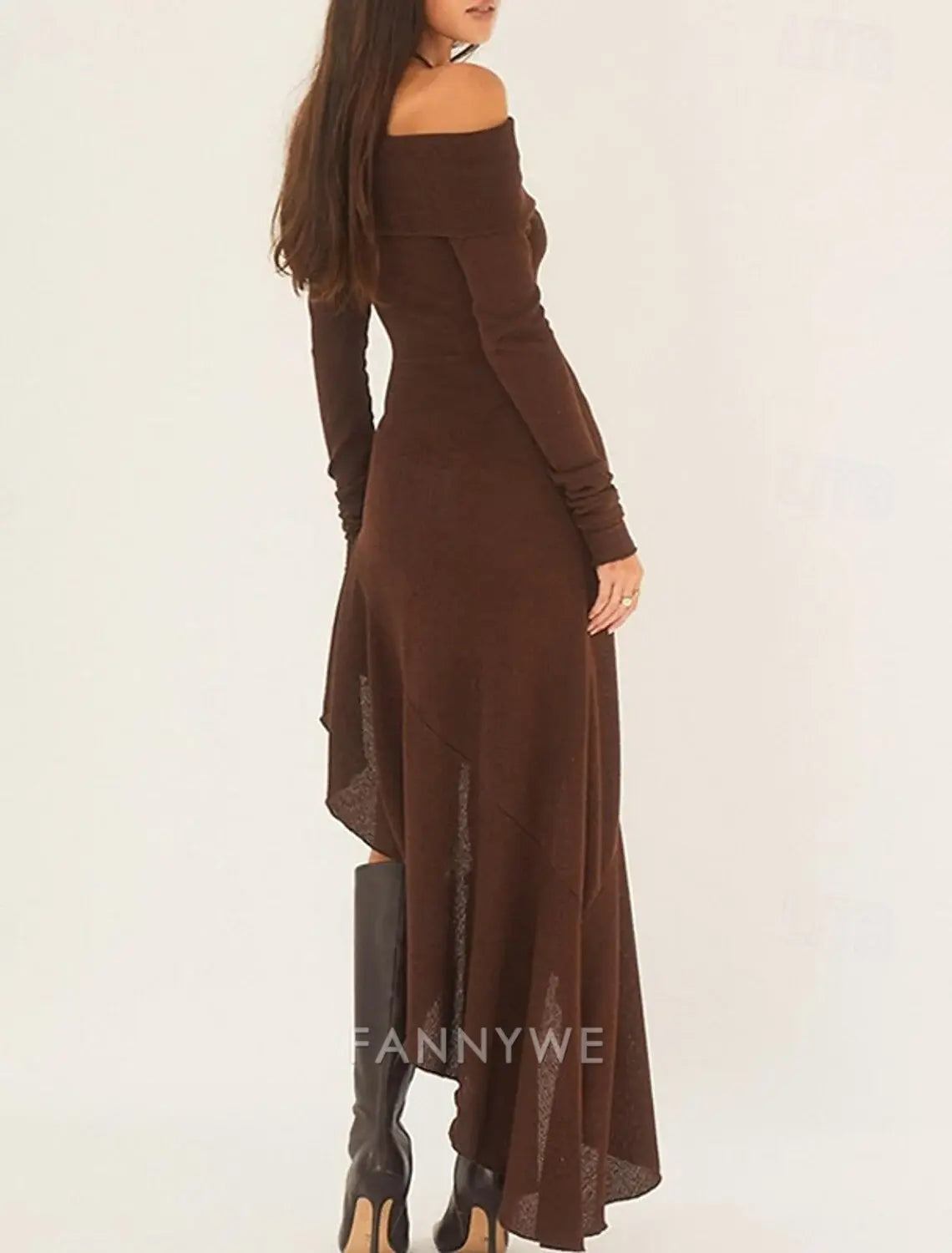 FannyWe Vestido largo sencillo para mujer Vestido maxi Vestido marrón Vestido de graduación Vestido de fiesta Vestido de moda Fiesta de noche Fiesta Regular Fit Liso Manga larga Hombros descubiertos Negro Blanco Marrón Verano