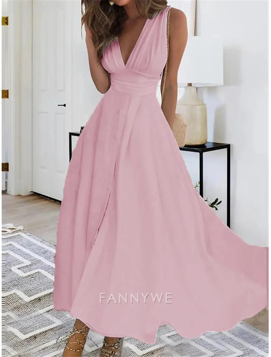 FannyWe Simple Women's Maxi Dress Elegant White V-Neck Sleeveless Cinched Waist A-Line Formal Evening Wedding Prom Spring Summer Full Size Flattering Fit Clothing Apparel