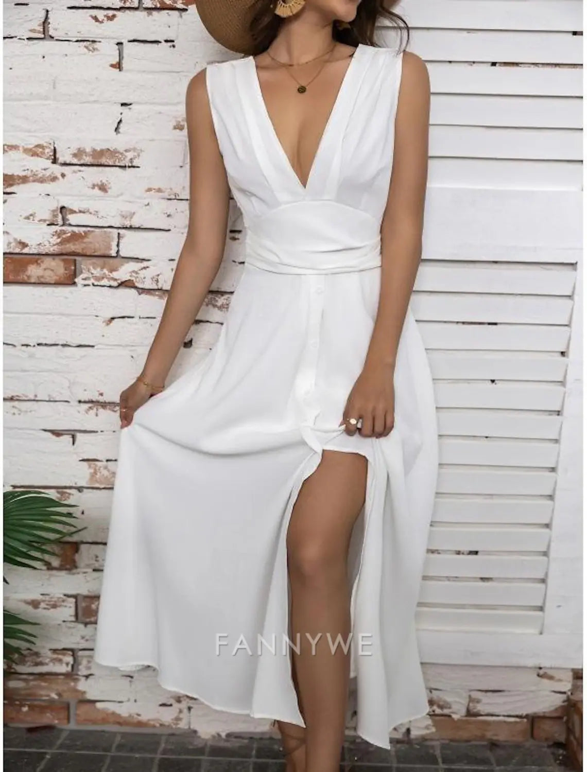 FannyWe Simple Women's Maxi Dress Elegant White V-Neck Sleeveless Cinched Waist A-Line Formal Evening Wedding Prom Spring Summer Full Size Flattering Fit Clothing Apparel