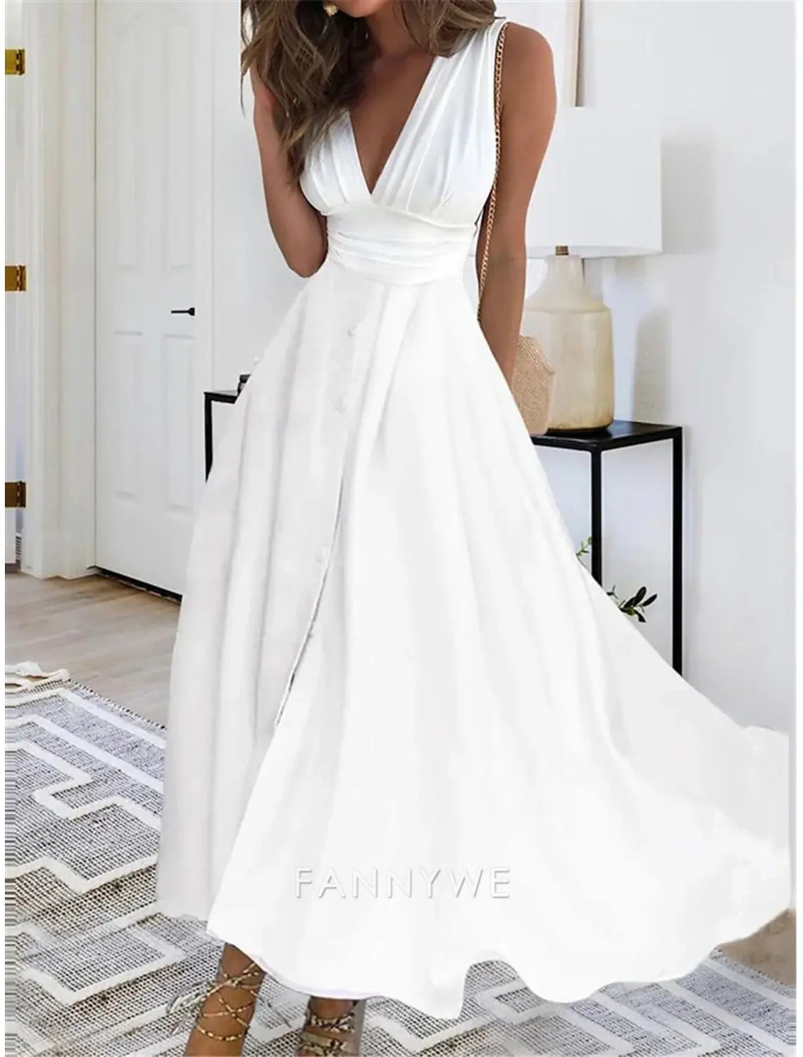 FannyWe Simple Women's Maxi Dress Elegant White V-Neck Sleeveless Cinched Waist A-Line Formal Evening Wedding Prom Spring Summer Full Size Flattering Fit Clothing Apparel