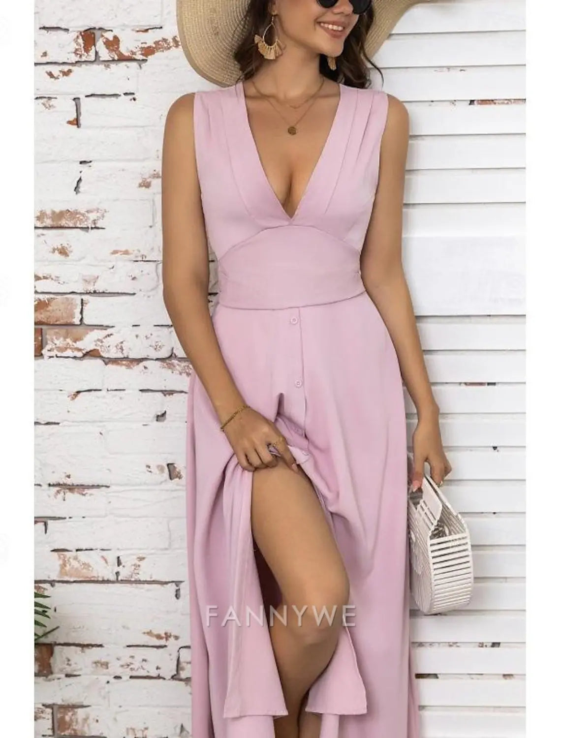 FannyWe Simple Women's Maxi Dress Elegant White V-Neck Sleeveless Cinched Waist A-Line Formal Evening Wedding Prom Spring Summer Full Size Flattering Fit Clothing Apparel