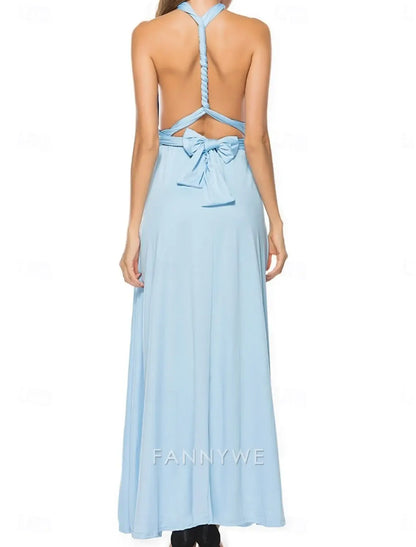 FannyWe Vestido largo sencillo para mujer, vestido de fiesta, vestido de fiesta, vestido de invitada de boda, elegante vestido de boda, vestido de invitada de boda, corte regular, liso, sin mangas, cuello halter, azul, azul claro, verano, primavera 