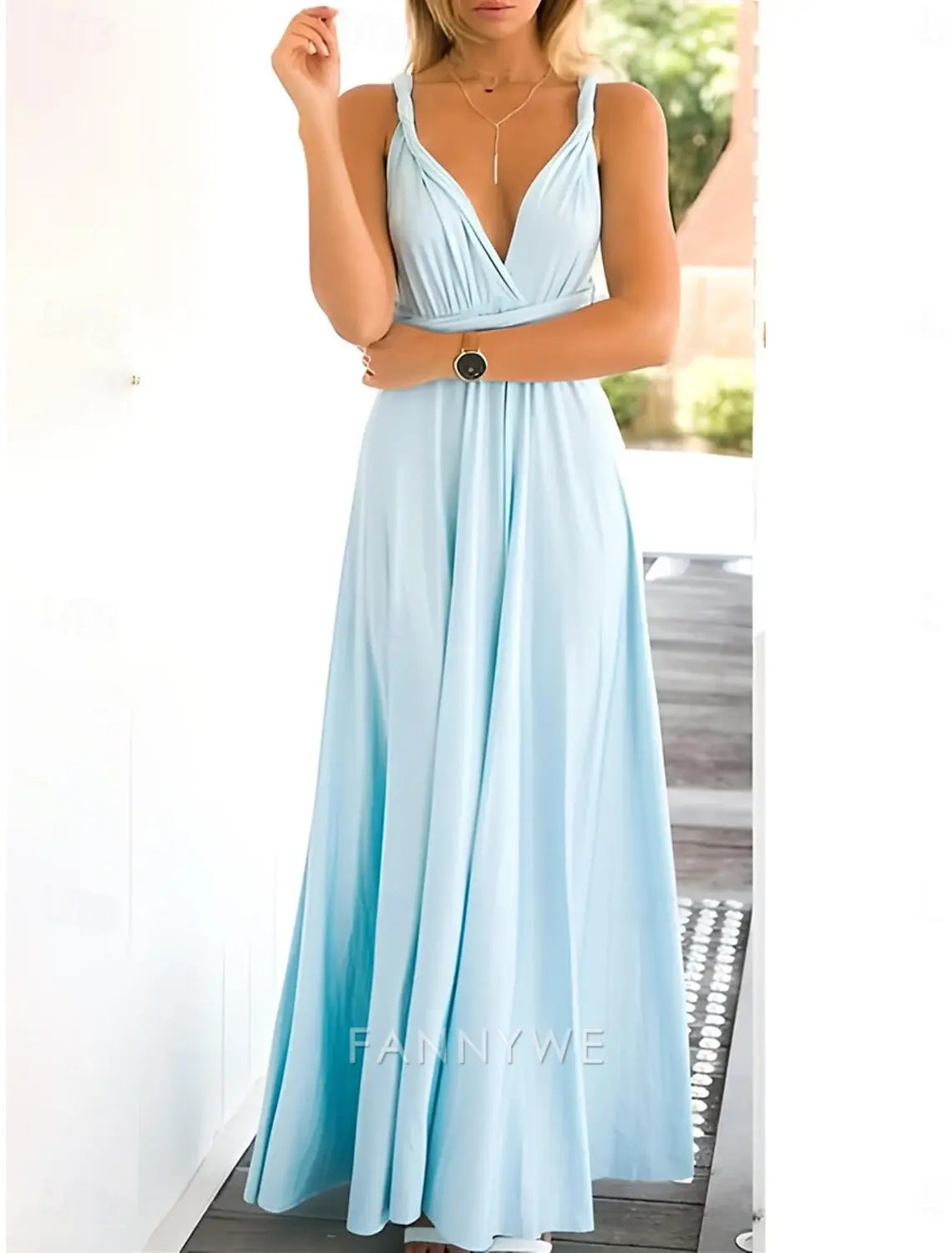 FannyWe Vestido largo sencillo para mujer, vestido de fiesta, vestido de fiesta, vestido de invitada de boda, elegante vestido de boda, vestido de invitada de boda, corte regular, liso, sin mangas, cuello halter, azul, azul claro, verano, primavera 