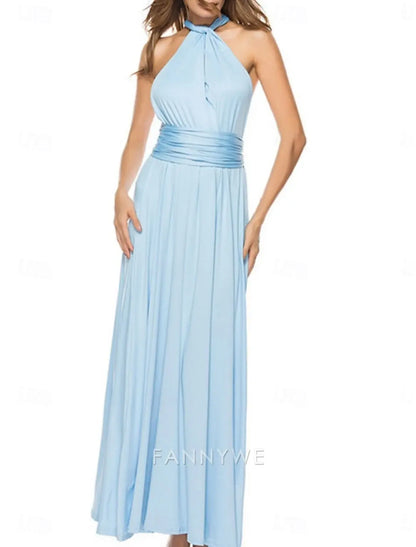 FannyWe Vestido largo sencillo para mujer, vestido de fiesta, vestido de fiesta, vestido de invitada de boda, elegante vestido de boda, vestido de invitada de boda, corte regular, liso, sin mangas, cuello halter, azul, azul claro, verano, primavera 