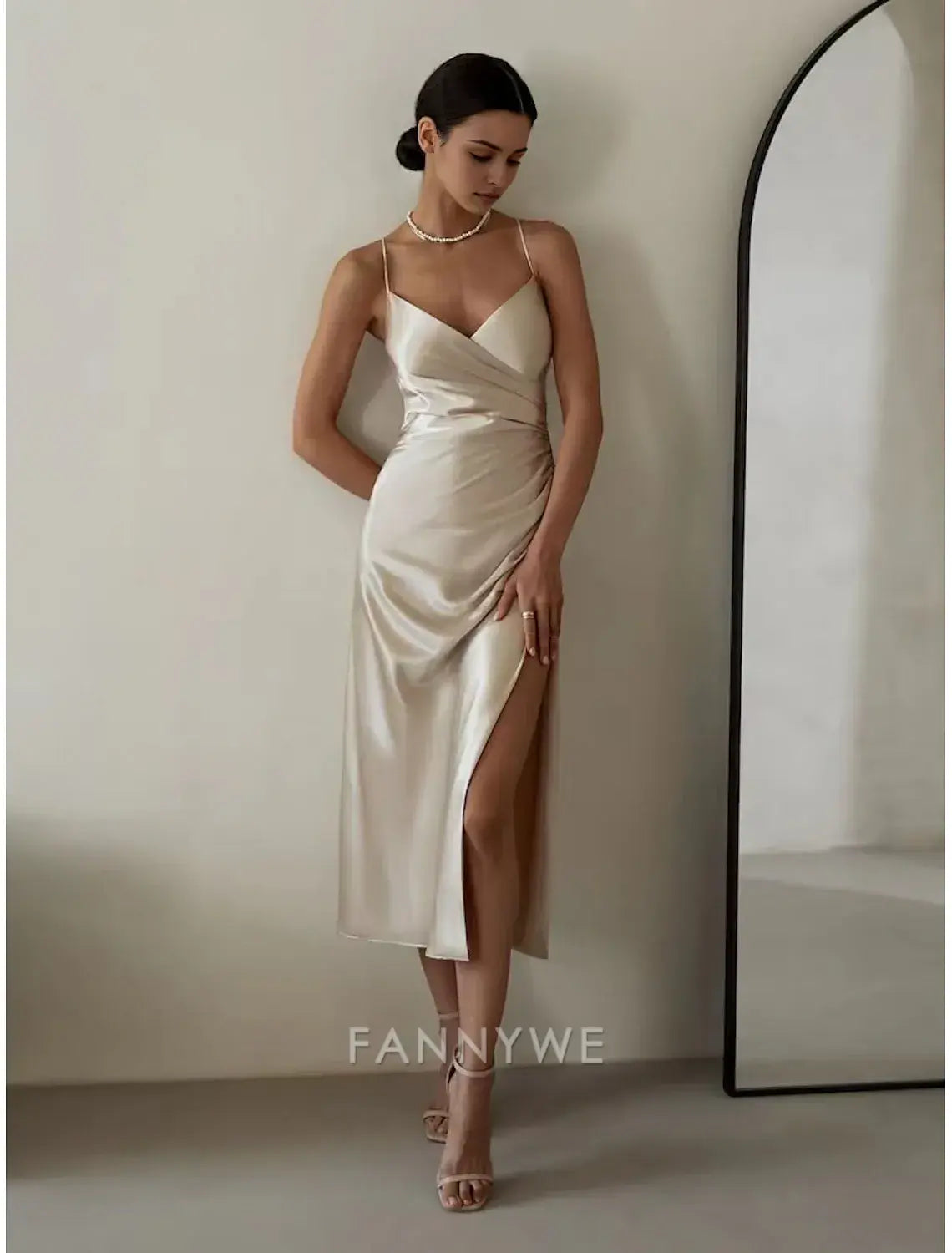 FannyWe Simple Women's Midi Dress Party Dress Satin Dress Solid Color Champagne Sleeveless Pure Color Split Ruched V Neck Stylish Elegant Sexy Dress
