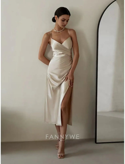FannyWe Vestido Midi Sencillo para Mujer Vestido de Fiesta Vestido de Satén Color Sólido Champán Sin Mangas Color Puro Abertura Fruncido Cuello en V Elegante Vestido Sexy 