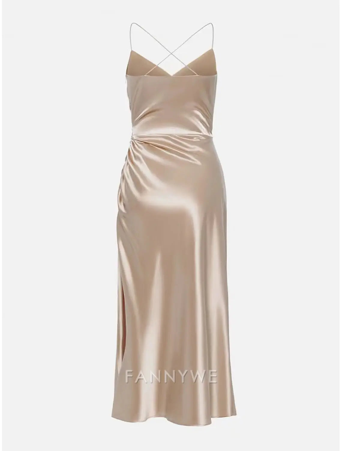 FannyWe Simple Women's Midi Dress Party Dress Satin Dress Solid Color Champagne Sleeveless Pure Color Split Ruched V Neck Stylish Elegant Sexy Dress