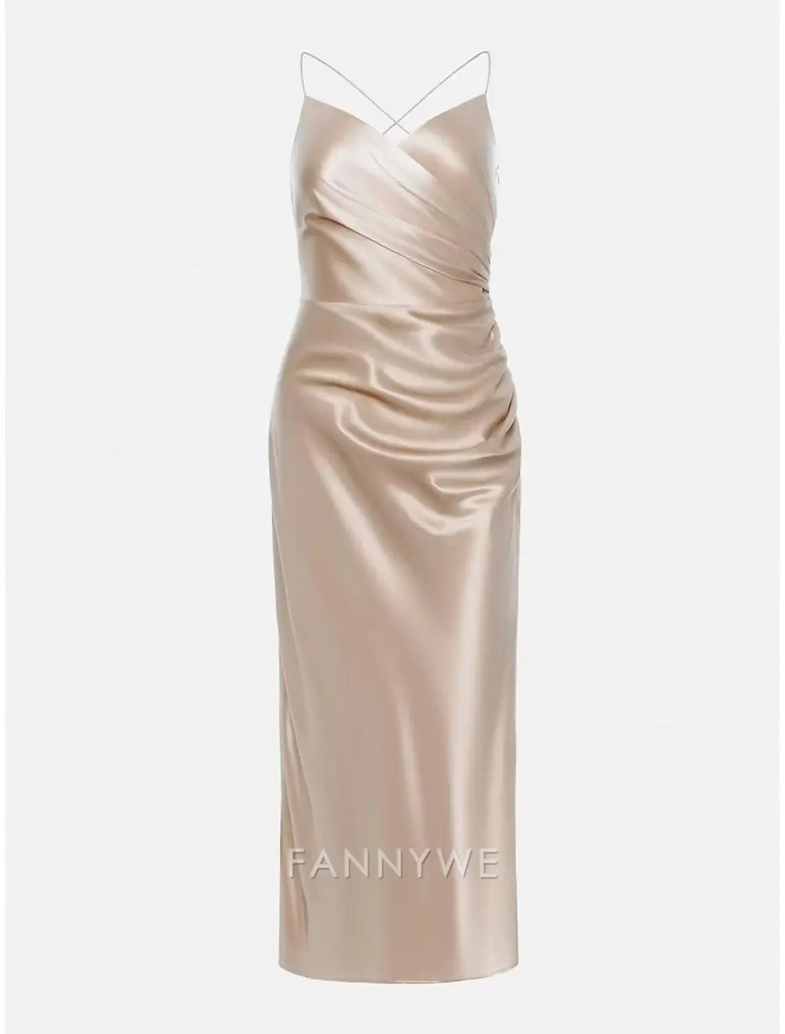 FannyWe Simple Women's Midi Dress Party Dress Satin Dress Solid Color Champagne Sleeveless Pure Color Split Ruched V Neck Stylish Elegant Sexy Dress