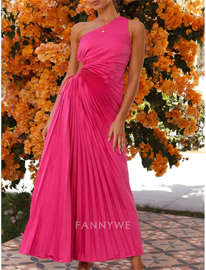 FannyWe Vestido de fiesta sencillo para mujer, vestido de fiesta con cortes, plisado, con cordón, un hombro, sin mangas, para San Valentín, invitada de boda, elegante, negro, morado claro, verano, primavera 