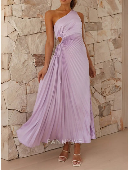 FannyWe Vestido de fiesta sencillo para mujer, vestido de fiesta con cortes, plisado, con cordón, un hombro, sin mangas, para San Valentín, invitada de boda, elegante, negro, morado claro, verano, primavera 