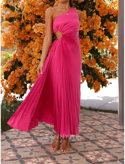 FannyWe Vestido de fiesta sencillo para mujer, vestido de fiesta con cortes, plisado, con cordón, un hombro, sin mangas, para San Valentín, invitada de boda, elegante, negro, morado claro, verano, primavera 