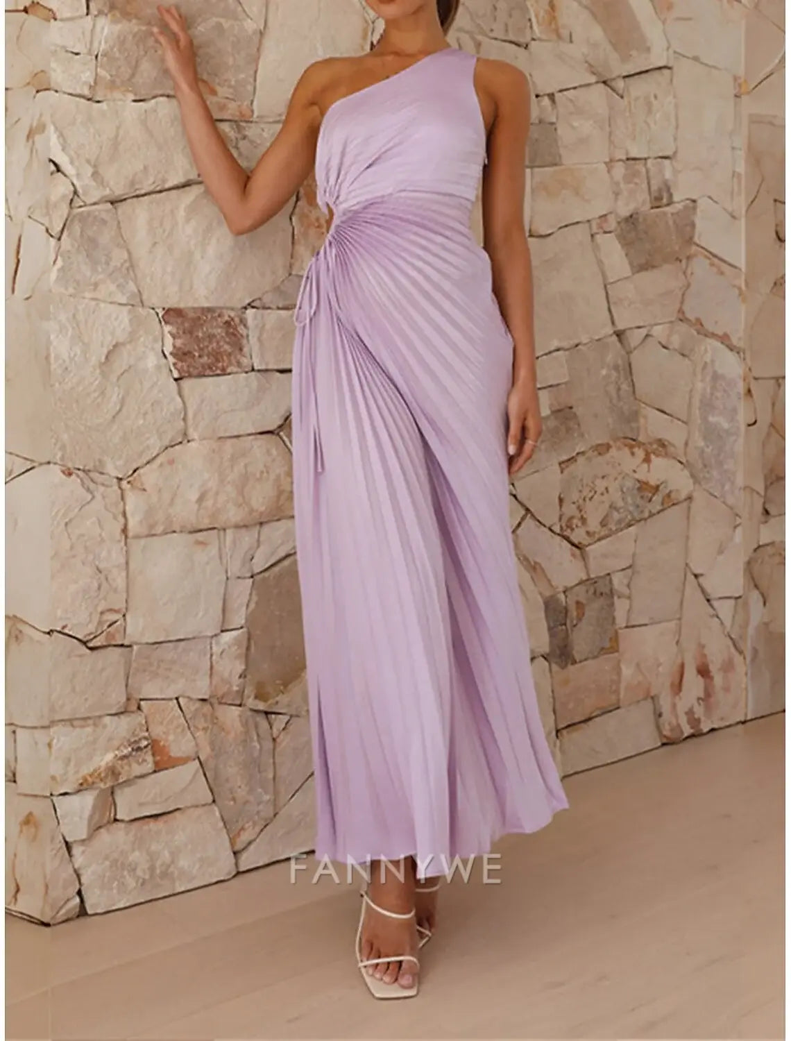 FannyWe Vestido de fiesta sencillo para mujer, vestido de fiesta con cortes, plisado, con cordón, un hombro, sin mangas, para San Valentín, invitada de boda, elegante, negro, morado claro, verano, primavera 
