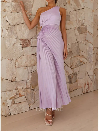 FannyWe Vestido de fiesta sencillo para mujer, vestido de fiesta con cortes, plisado, con cordón, un hombro, sin mangas, para San Valentín, invitada de boda, elegante, negro, morado claro, verano, primavera 